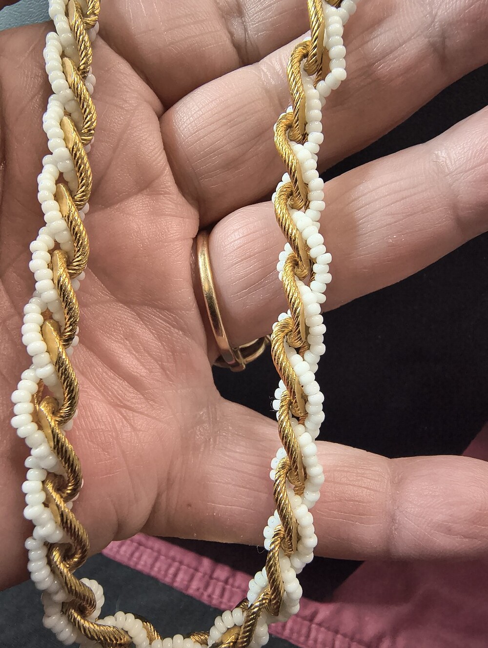 Vintage Trifari Gold Tone White Seed Bead Rope Necklace 26 Opera Length Signed - Picture 10 of 13